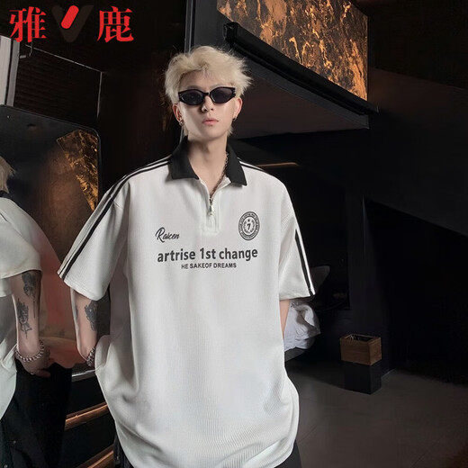 Yalu American High Street Heavyweight Retro Camiseta de polo de manga corta Summer's Summer New Contrasting Half-Zipper Manga de cinco puntos Top azul marino [869 Alta calidad 21] L 105-125Jin [Jin equivale a 0.5 kg]
