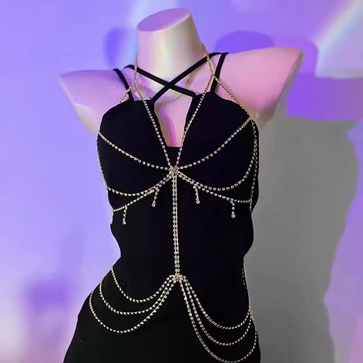 Totto Chest Chain Body Chain Tassel Full Body Sexy Accessory Necklace Chain Body Decoration Chain SN9766 Silver Rhinestone Body Chain 7