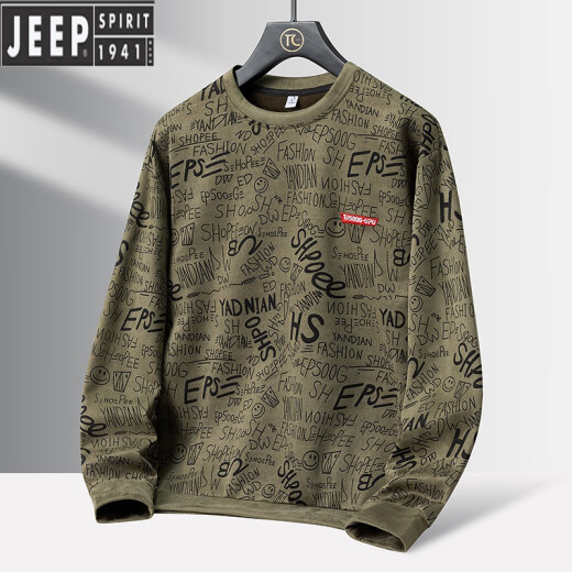 吉普（JEEP）男士卫衣2024春秋宽松潮牌迷彩圆领美式青年宽松上衣薄款长袖T恤 K16851军绿+K16850黑色 M