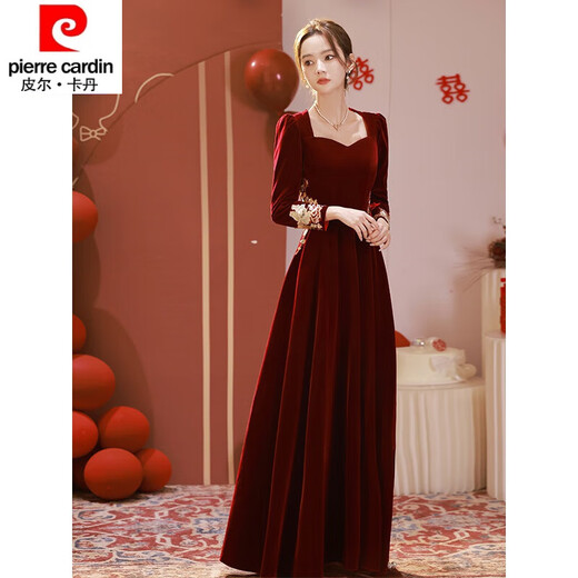 Pierre Cardin 23 New Toast Wear Bridal Red Wedding Winter High-end Velvet Engagement Dress Long Sleeve Autumn and Winter Women Burgundy L