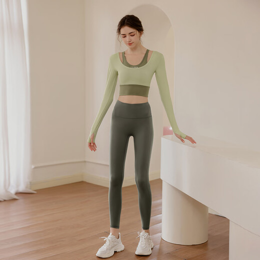 Kong Yu Yoga Wear Women's Suit Pilates Training Wear Top with Breast Pad Spring and Summer New Sports Fitness Wear Long Sleeve Green Top + Green Pants L