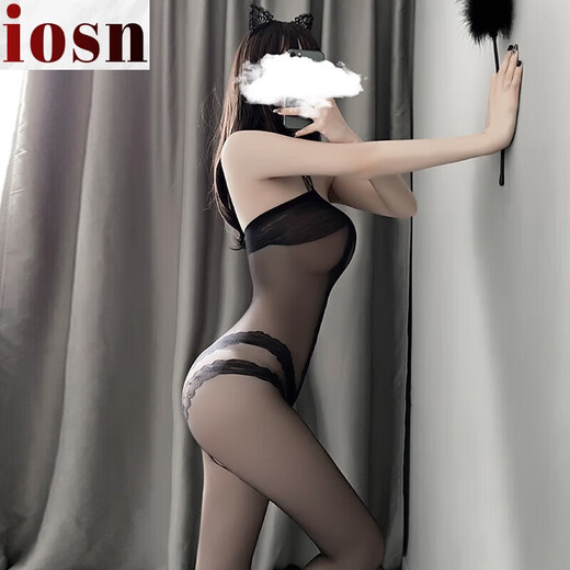 IOSN黑丝渔网袜丝袜女灰丝大码透明开档情趣连体全身 1278单件丝袜性感条纹开裆连身