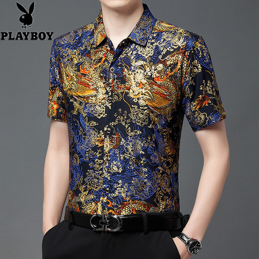 花花公子（PLAYBOY）夏季短袖花衬衫中年男士大码烫金龙虎图纹印花衬衣 829黑色 M 165【体重100--120】