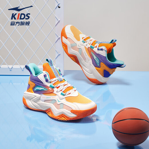 Hongxing Erke (ERKE) children's shoes children's basketball shoes spring men's and large children's strap cushioning sneakers microcrystalline white/beeswax orange 36