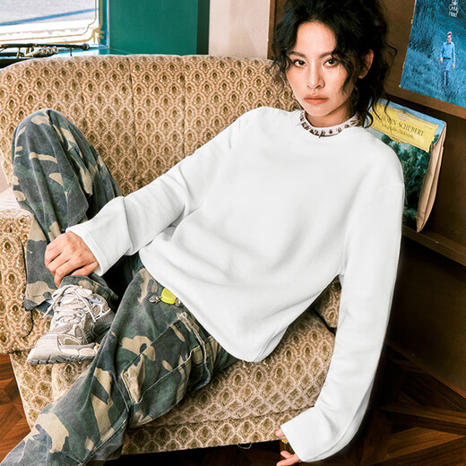 MINISO heavyweight long-sleeved T-shirt men's spring and autumn texture waffle youth casual trendy bottoming shirt palm green 2XL