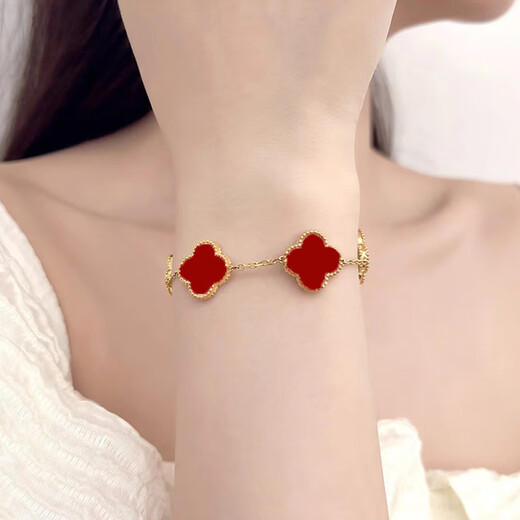 OINE 18K gold four-leaf clover five-flower bracelet 15mm large flower rose gold 2025 gold bracelet au750 18K gold rose gold red agate