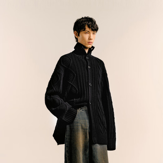 Skizzieren Sie Herrenherbst- und Winter neuer lässiger loser Pullover Strickjacken komfortable warme Jacquard Retro Design Jacke Trend 001 Buch Black L