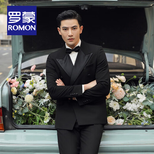 ROMON Tuxedo Dress Groom Wedding Suit Men's British Double-breasted Slim Suit Men's Three-piece Suit 2503 Double-breasted Black (Suit+Vest+Trousers XL