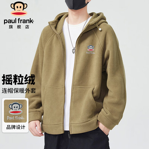 Paul Frank Jacket Men's Autumn and Winter Trendy Double-sided Velvet Hooded Jacket Men's Polar Fleece Warm Men's Khaki XL