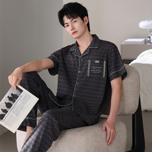 美即莱（MEIJILAI）睡衣男士夏季纯棉短袖长裤开衫薄款全棉家居服男春夏款加大码套装 5009（95%棉+5%氨纶） XL （身高175-180体重140-160）