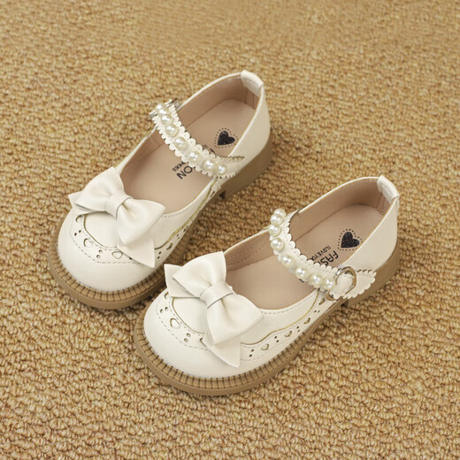 Children's Leather Shoes 2025 Spring and Autumn New Girls Korean Style Soft Sole Princess Shoes Baby Girls Bows Off-White 34/Inner Length 20.1cm