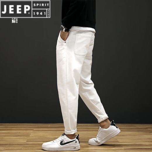 JEEP SPIRIT spring white jeans men's trendy brand loose elastic trousers Korean style trendy men's pants Harun casual pants CAY867 white 34 suitable for 165 Jin [Jin equals 0.5 kg]