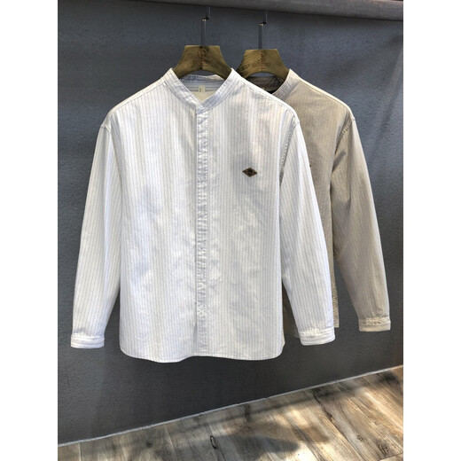 GUANGAN AEPE pure cotton comfortable high-end light mature Henry collar striped long-sleeved shirt men's spring and autumn American retro casual shirt white light business temperament pure cotton loose version L 125-140Jin Jin equals 0.5 kg