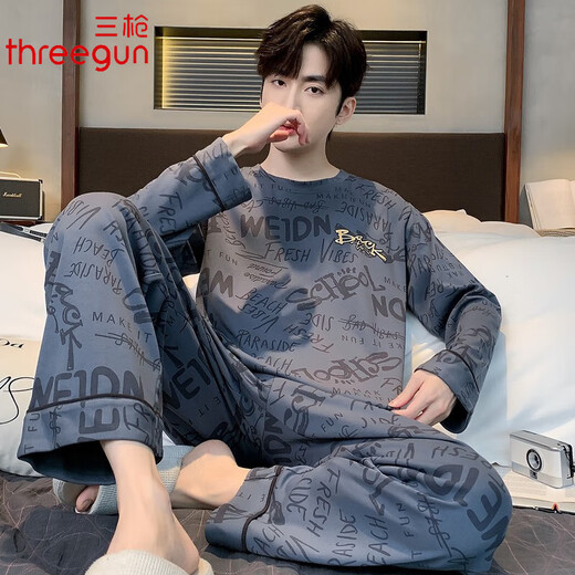 Three Guns Pajamas for Men Spring and Autumn Pure Cotton Long Sleeves and Trousers Fashionable Cotton Autumn Men's Casual Cartoon Home Clothes Set 9903 L Male (Recommended 120-140 Jin Jin equals 0.5 kg)