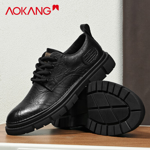Aokang casual leather shoes men's British business big toe shoes 2025 summer new low top Martin boots men's black thick sole shoes black 41