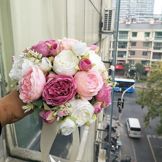 致仕手捧花新娘韩式婚礼结婚领证仿真花束森系婚纱摄影拍照道具手捧花 三生三世白+粉11朵