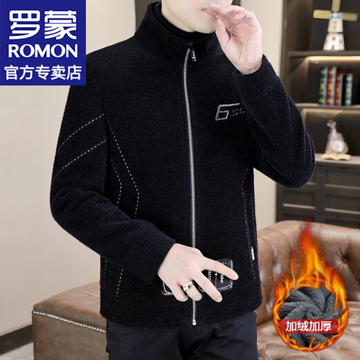 Romon stand collar jacket for men in autumn and winter new style plus velvet thickened warm casual wool jacket embroidered top men's clothing 6629 black 2XL