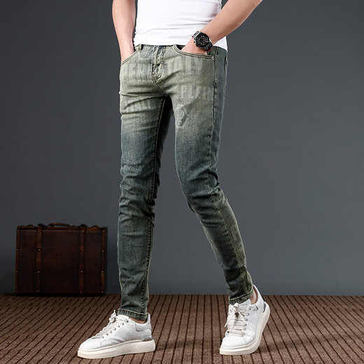 
Mingshisha 2024 new trendy printed contrasting jeans for men's thin stretch slim feet slim casual pants trendy brand DQ-826 trousers 28 [waist circumference 2 feet 1]