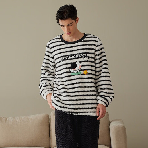 Fenten Couple Pajamas Fan Chengcheng's Same Style Star's Same Style Autumn and Winter Double-sided Velvet Round Neck Striped Thickened Home Clothes Set Black and White Stripes-Men's 2XL