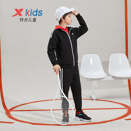 XTEP children's clothing, unisex, small, medium and large children's sports sweatshirts, fashionable casual knitted suits, pure black (men's style) 160 cm