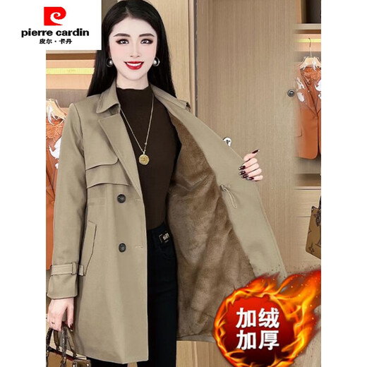 Pierre Cardin velvet thickened windbreaker jacket for women mid-length 2024 spring and autumn new style foreign style small versatile warm cotton coat black without velvet XL recommended 120-130Jin Jin equals 0.5 kg