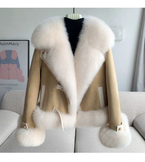 Pier Cardin temperament fur coat women's versatile slim down cotton jacket big fur collar imitation fur top 2025 winter beige L recommended 116-139Jin [Jin equals 0.5 kg]