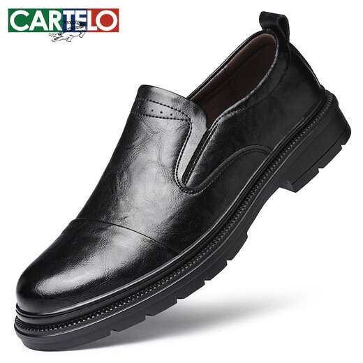 卡帝乐鳄鱼（CARTELO）皮鞋男款2025新款商务正装休闲鞋真皮软底一脚蹬透气中年爸爸鞋子 3527黑色 39