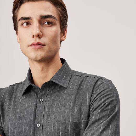 杉杉【羊毛内胆】衬衫男长袖秋冬商务休闲磨毛保暖色织条纹翻领衬衣