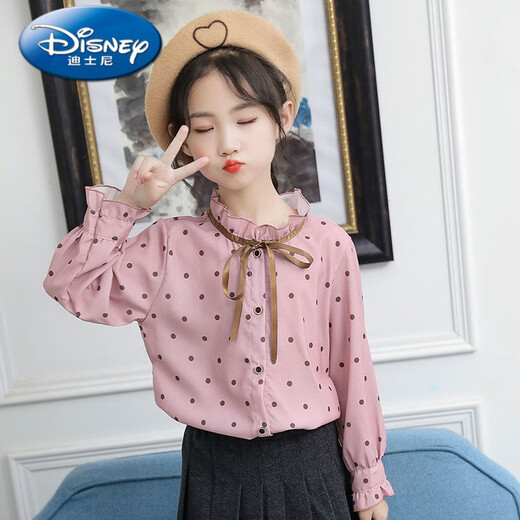 Disney (Disney) Girls' Shirts 2025 Autumn New Thin Long-Sleeved Jacket Chiffon Polka Dot Shirt for Medium and Large Children Fashionable Dress Pink 120 cm