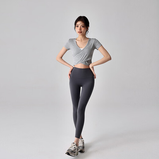 LULUUVTTOH breathable V-neck yoga top for women, slim fit, short navel-baring fitness wear, professional Pilates training T-shirt, gray S (recommended 80-100Jin Jin equals 0.5kg)