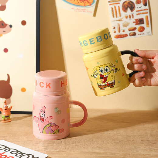 Sheli SpongeBob SquarePants Ceramic Mug, Cute and Beautiful Drinking Cup with Lid, Coffee Cup, Milk Cup, Couple Cup