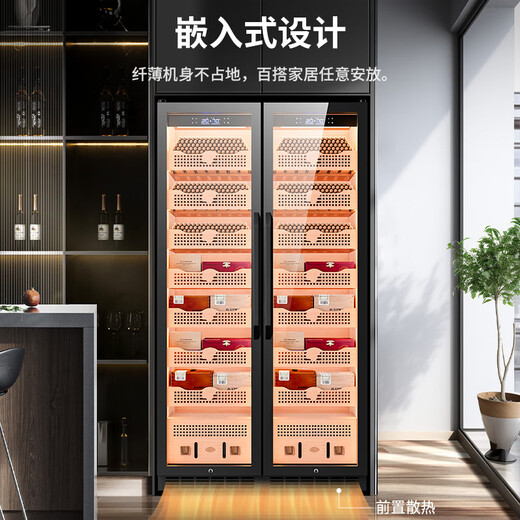 CIGARLOONG 408C cigar cabinet with constant temperature and humidity, cedar wood lining, choleric water, ionized ammonia removal and moisturizing cabinet, smart WiFi remote control compressor, cigar cabinet, constant temperature and humidity control, cigar cabinet, 2m large double door, black, clean ammonia + WiFi + cedar wood liner and shelf, thick style