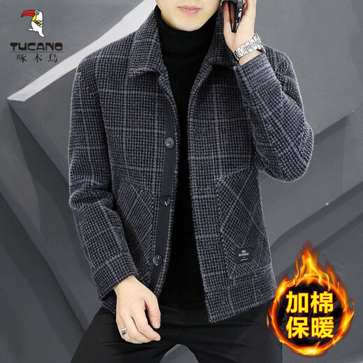 Woodpecker (TUCANO) Woolen Jacket Men's 2025 New Lapel Casual Jacket Autumn and Winter Business Woolen Tops Plus Velvet Trendy Khaki Plus Velvet 3XL Recommended 145-160Jin Jin equals 0.5 kg
