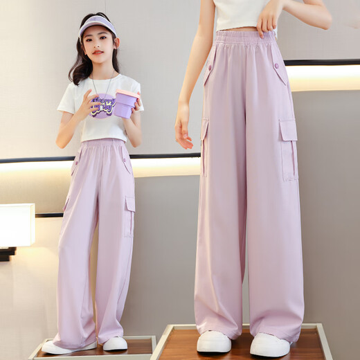 NICKYBABY夏季女童阔腿裤儿童裤子冰丝工装裤2025新款防蚊裤女大童夏装长裤 16012粉色+9889白色【套装】 150