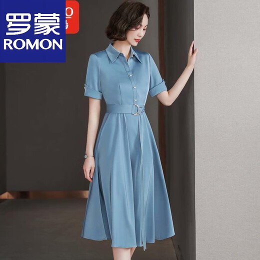 罗蒙（ROMON）高端缎面真丝连衣裙中长款女2025夏季款时尚收腰显瘦翻领衬衫裙 蓝灰色 L 105-115斤