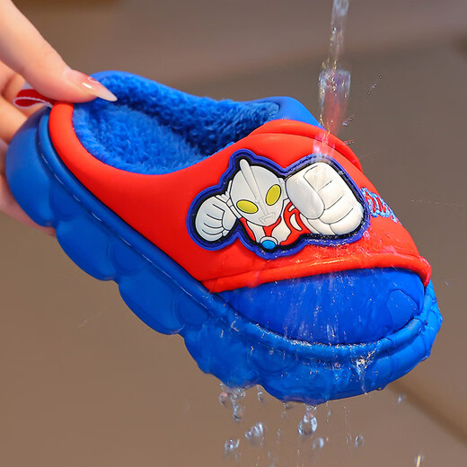 Candy Astringent Ultraman Odorless Waterproof Children's Cotton Slippers PU Leather Soft Bottom Anti-Slip Plus Velvet Warm Boy Baby Bag Heel Cotton Shoes SD34 Ultra M-Gray 32-33 Sizes Inner Length 19.5cm