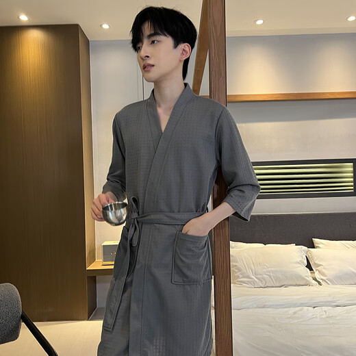 Yu Zhaolin nightgown men's pajamas men and women same bathrobe spring and summer simple waffle home clothes long
