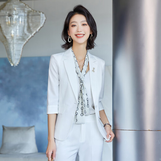 桢译面试西装女教师条纹外套薄款神范西服套装感正装中袖工作服 9922长袖绿色西装 S