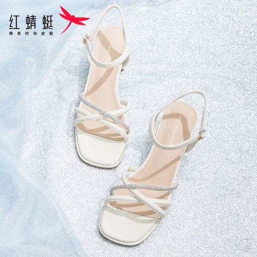 Red Dragonfly Leap Month Sandals for Women in Summer One-Strip Thick Heel French High Heels Temperament Women's Sandals WLK24083 Beige White 37