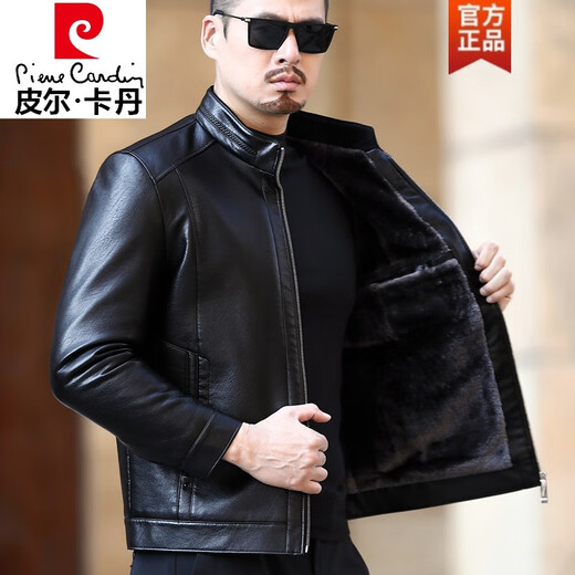 Pierre Cardin Haining genuine leather jacket men's velvet thickened fur all-in-one jacket middle-aged dad sheep leather jacket large size A9221 black 175 yards (recommended 115-135 Jin Jin equals 0.5 kg)