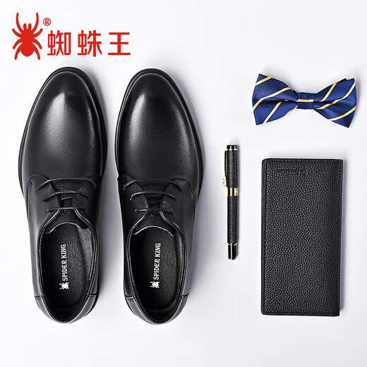 蜘蛛王皮鞋男休闲商务正装德比鞋牛皮光面系带婚鞋男 28015 黑色 42 