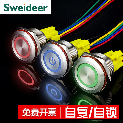 25MM30MM metal button switch waterproof with indicator light reset self-locking start stop power switch button ring light strip plug-in-green 220V self-locking (press to lock) opening 25MM