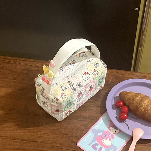 Feiyuega's new cartoon cat portable cosmetic bag, convenient large-capacity cosmetic toiletry bag, cute storage bag for women when going out, plaid cat (no accessories), white