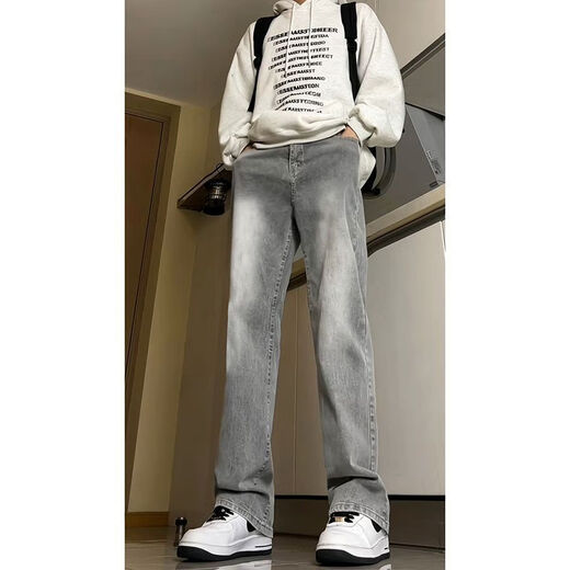 潮韩都纯色水泥烟灰色牛仔裤皮带男款感微喇裤子美式高街百搭休闲裤 G841水泥灰 S