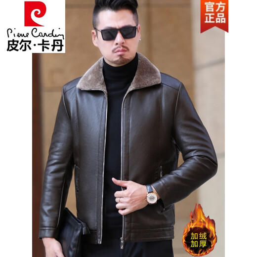 Pierre Cardin Haining genuine leather jacket men's velvet thickened fur all-in-one jacket middle-aged dad sheep leather jacket large size A9221 black 175 yards (recommended 115-135 Jin Jin equals 0.5 kg)