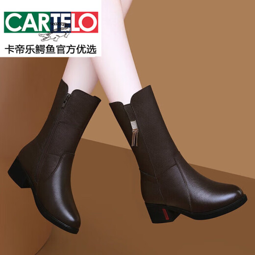 卡帝乐鳄鱼（CARTELO）女鞋中年妈妈靴子女中筒靴加绒棉靴2025新款棉鞋冬季加厚皮鞋真皮 黑色(加绒)9716 41