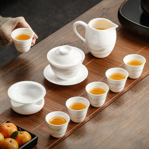Buchuo tea set complete white porcelain kung fu set household Chinese tea cup cover bowl set supplies office tea set 2-Yangui 8-cup Ledao version 1 piece