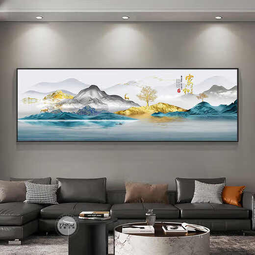 涵轩新中式客厅装饰画现代轻奢沙发背景墙画壁画山水画办公室茶室挂画 JD15565 210*70CM 手工镶钻画铝合金黑框