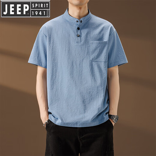 JEEP SPIRITPOLO衫短袖男亨利领2025夏季薄.款立领速干宽松T恤中山透气上衣服 灰色 3XL 体重范围170-190斤