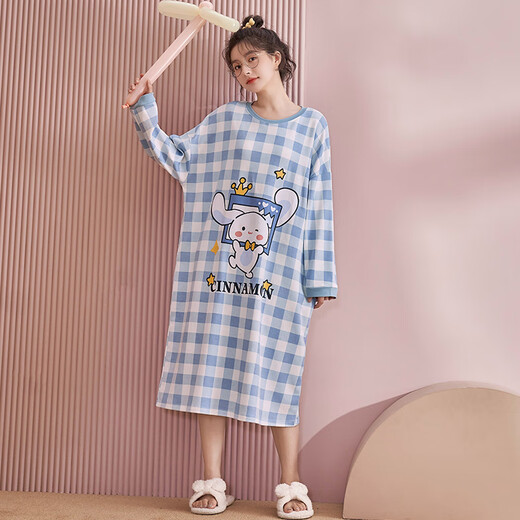 Langsha (langsha) 2025 new long-sleeved plaid nightgown spring and autumn pure cotton thin cotton mid-length skirt pregnant women pajamas for women autumn and winter YW-16863 M